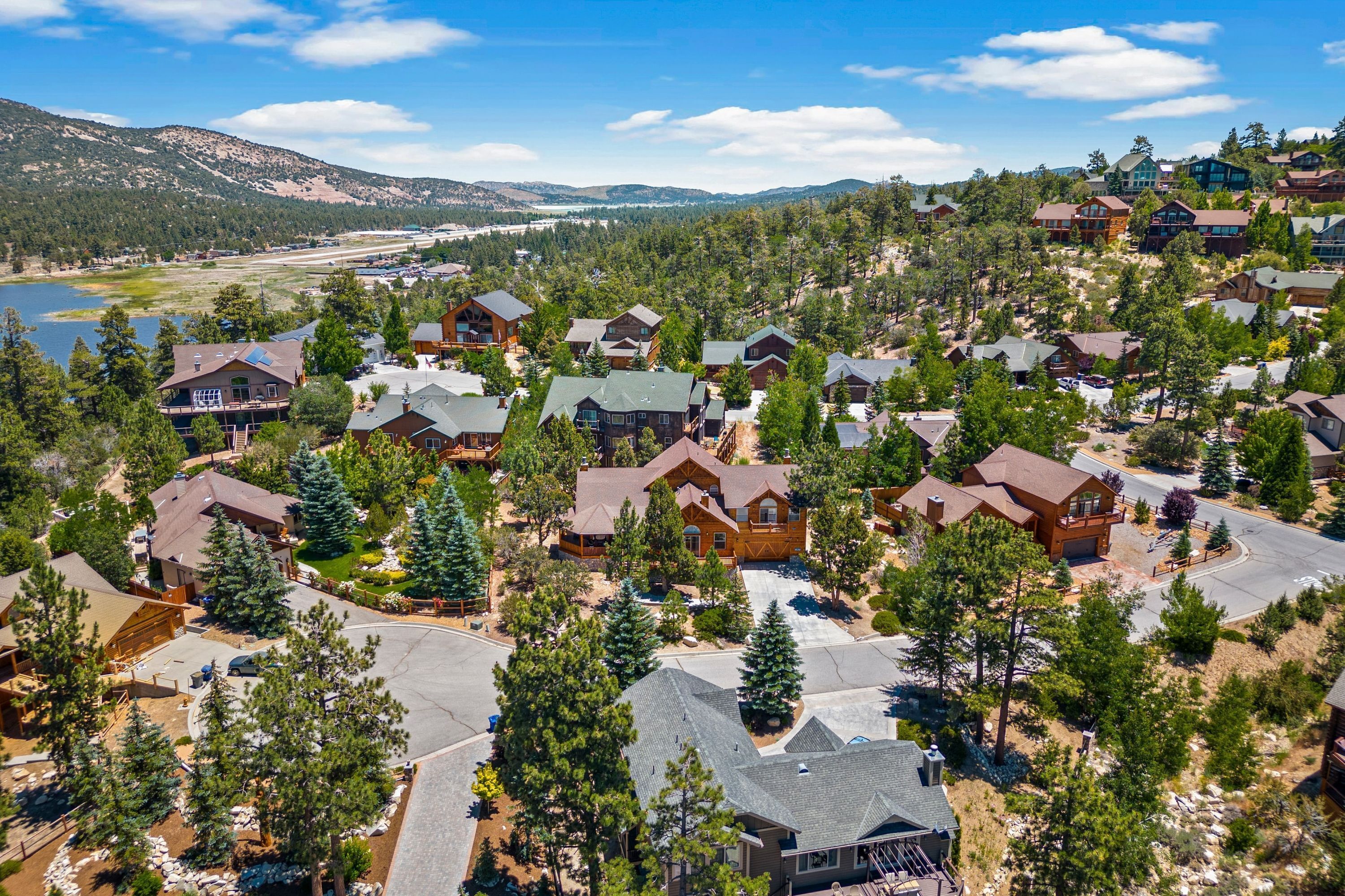 A residential area with multiple houses surrounded by trees and a lake in the background.