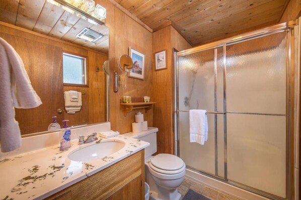 A wooden-finished bathroom with a sink, toilet, and glass shower enclosure. - Mahogany by Avantstay Snowbird Cabin w Full Chamberlands Access (Homewood)