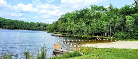 Vista de un lago con muelle, orilla cubierta de hierba y bosque denso.