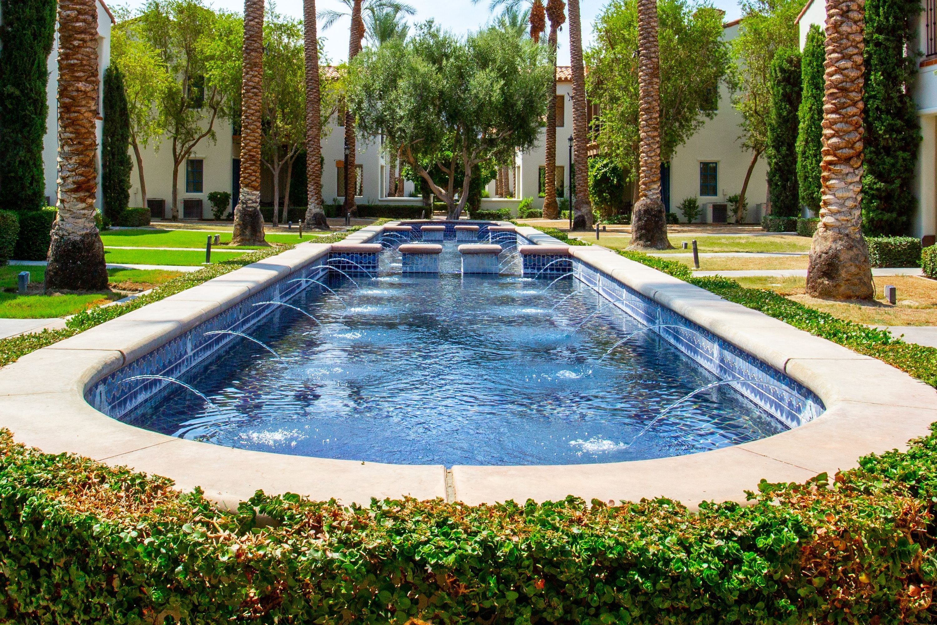 A rectangular pool with a tiled edge, surrounded by a low hedge and palm trees.
