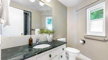 A bathroom with a white sink, a mirror, a toilet, and a window.
