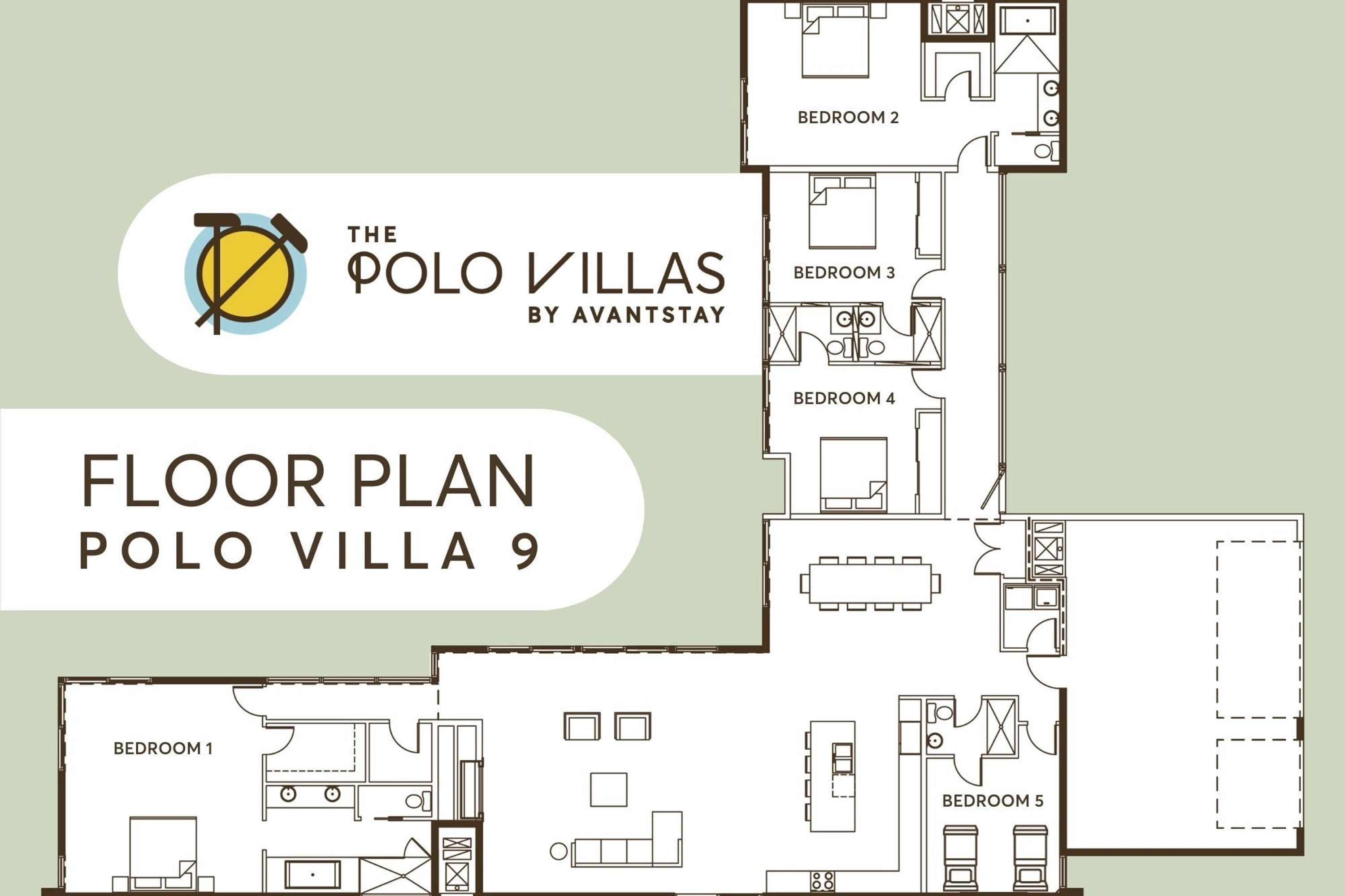 A Polo Villa 9 alaprajza, amely öt hálószobát, egy konyhát és egy nappalit tartalmaz.