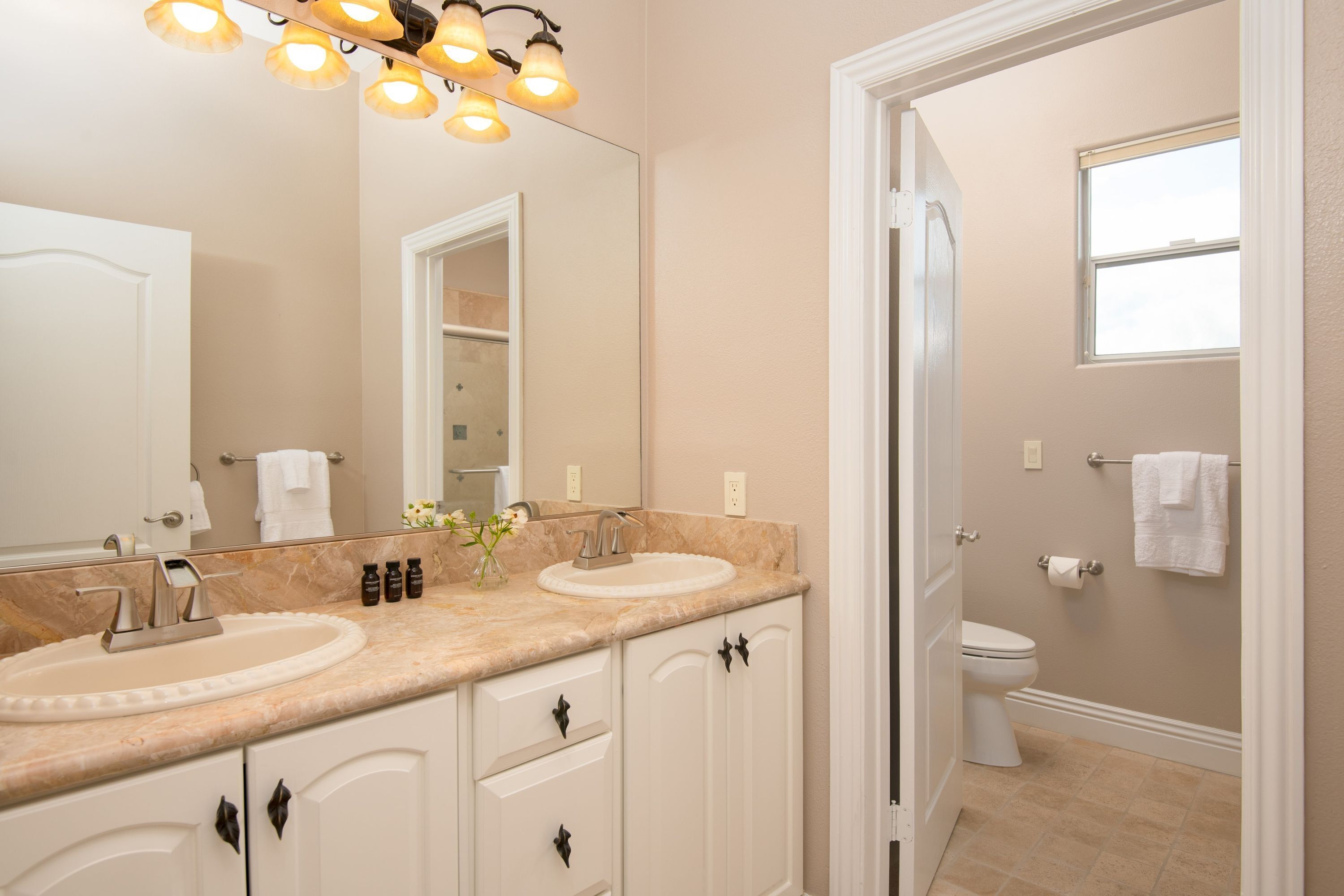 A bathroom with two sinks, a mirror, and a toilet.