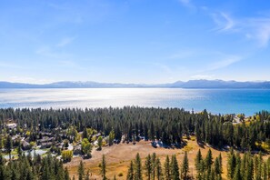A residential area with houses surrounded by dense forest, a large body of water, and distant mountains.