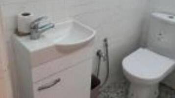 Hair dryer, towels, soap, toilet paper