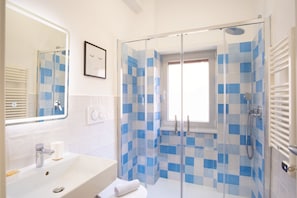 Shower, hair dryer, bidet, towels