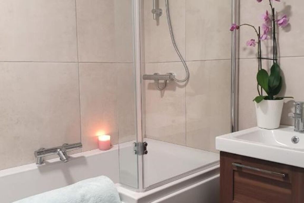 Dusch, hårtork, handdukar och toalettpapper