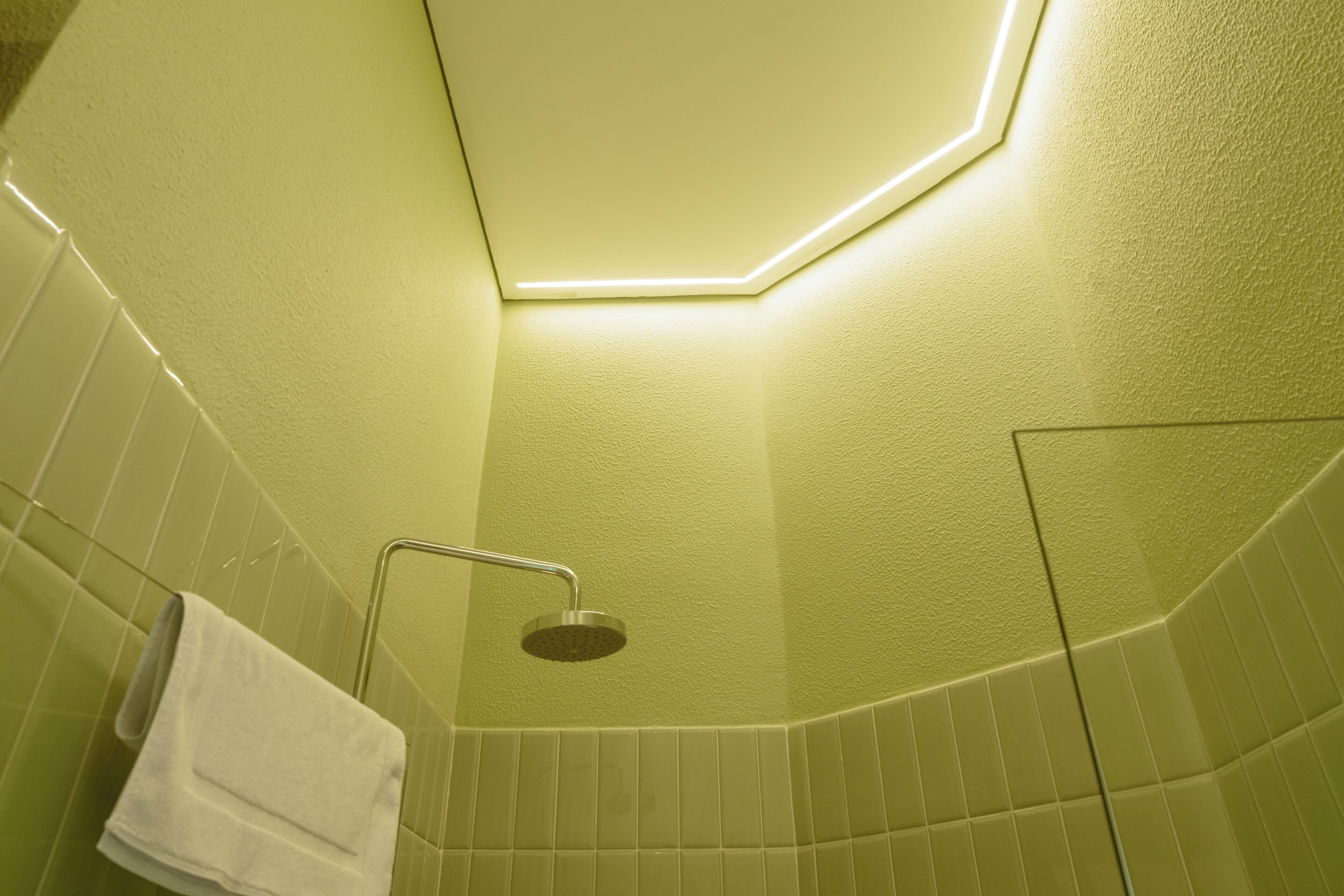 A bathroom with a shower, a towel rack, and a ceiling light fixture.