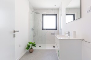 Shower, hair dryer, towels, toilet paper