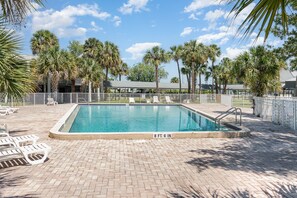 Relax by the pool surrounded by palm trees and lounge chairs.