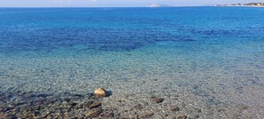 Una vista despejada del litoral con costa rocosa y mar tranquilo.