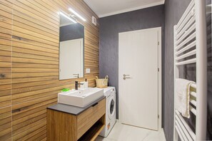Hair dryer, towels, soap, toilet paper