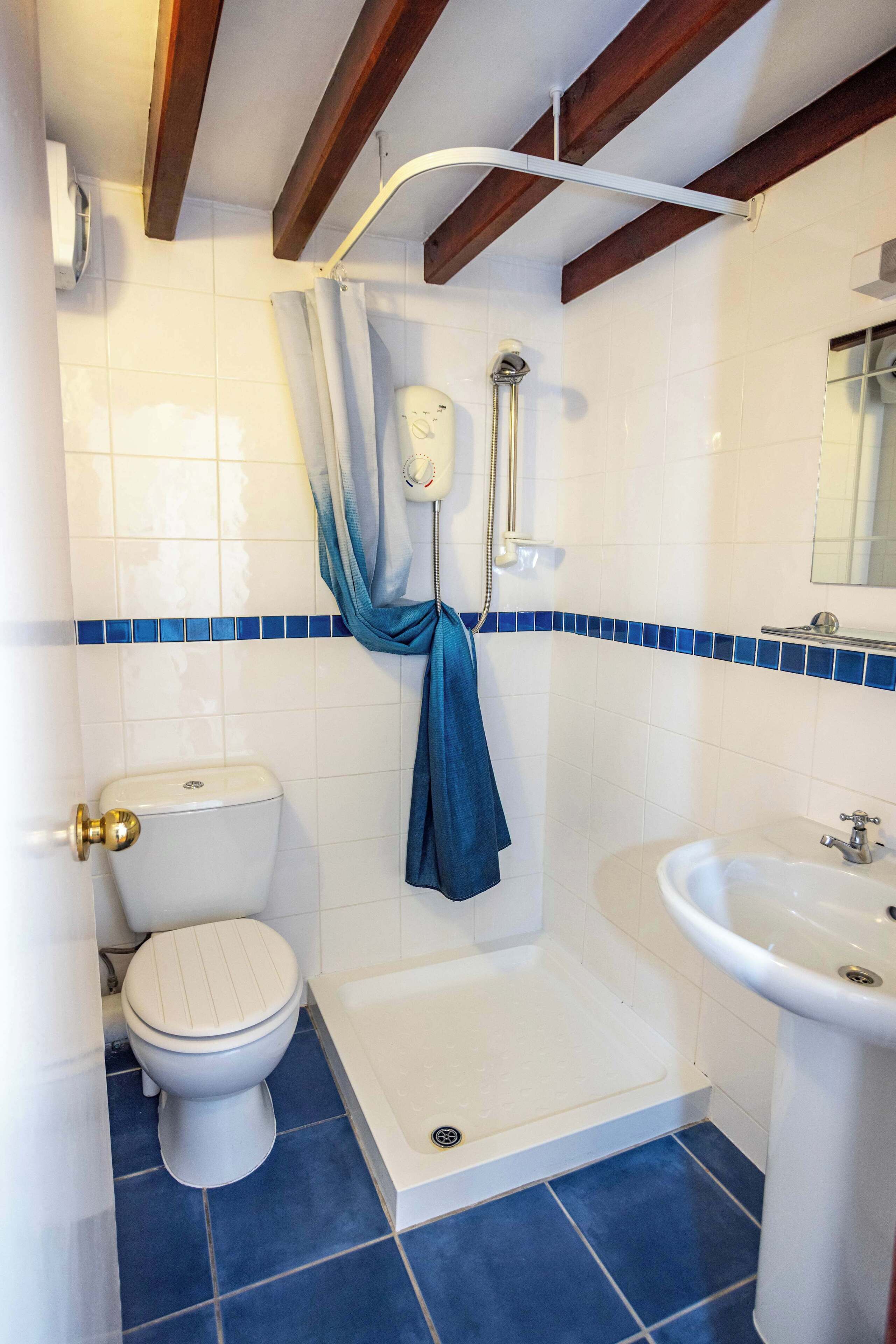 Une salle de bain avec des toilettes, une douche et un lavabo.