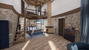 Un vaste espace de vie avec une chambre en mezzanine, des murs en pierre, un escalier en bois et une cheminée.