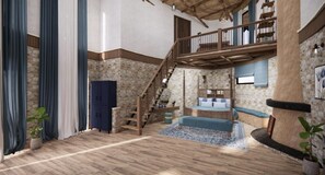 Amplia sala de estar con escalera de madera, cama empotrada y balcón.