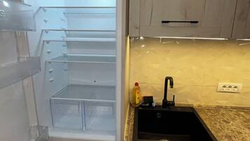 Superior Apartment | Private kitchen | Full-sized fridge, stovetop, electric kettle, toaster