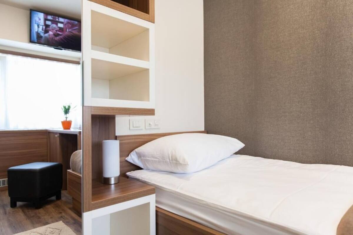 A hotel room with a bed, a desk with a chair, a TV mounted on the wall, and a small potted plant.