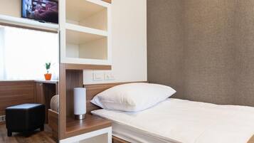 Habitación de hotel con una cama, un escritorio con silla, un televisor montado en la pared y una planta pequeña en maceta.