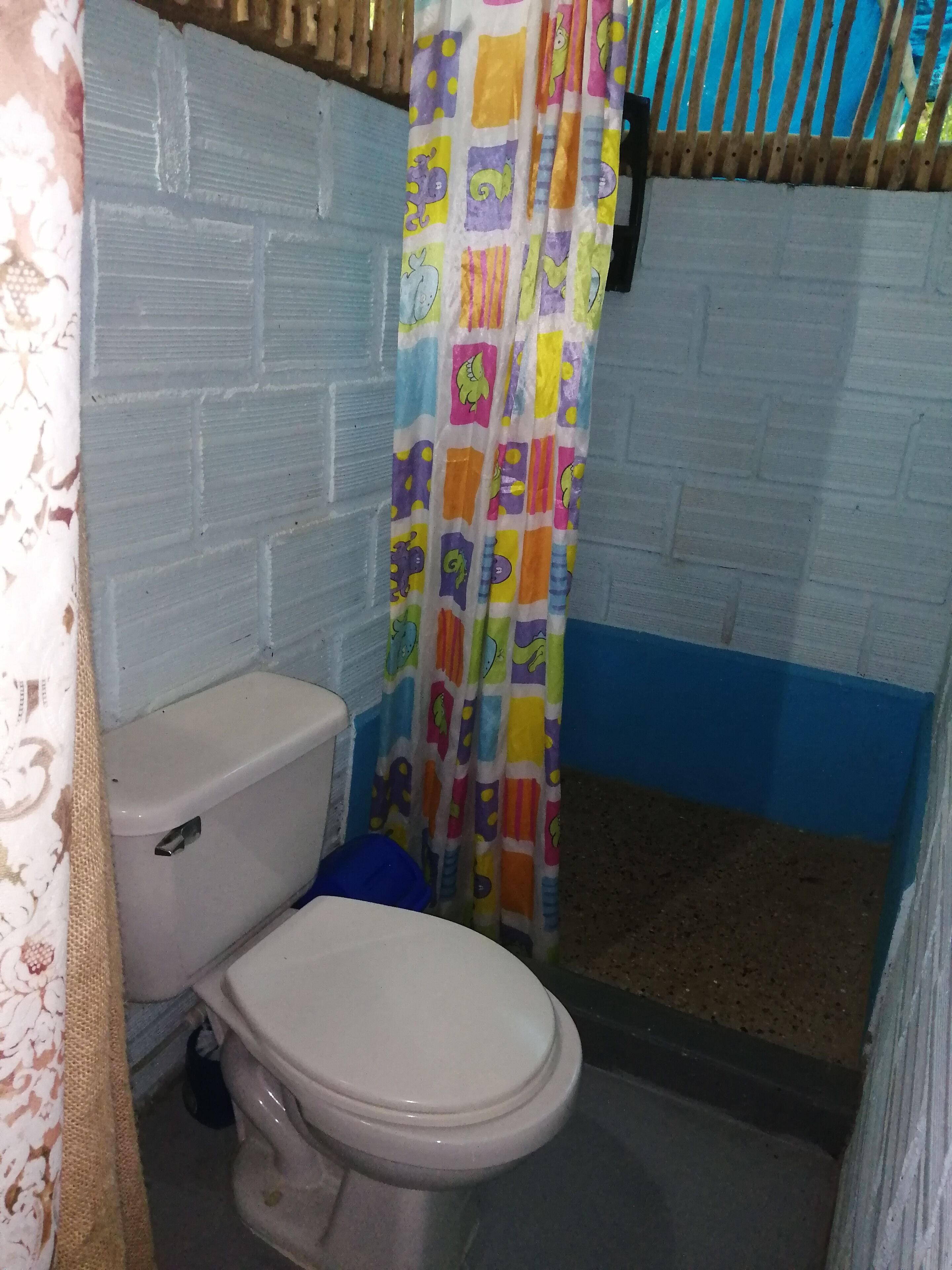 A bathroom with a white toilet, a blue and white tiled wall, and a colorful shower curtain.