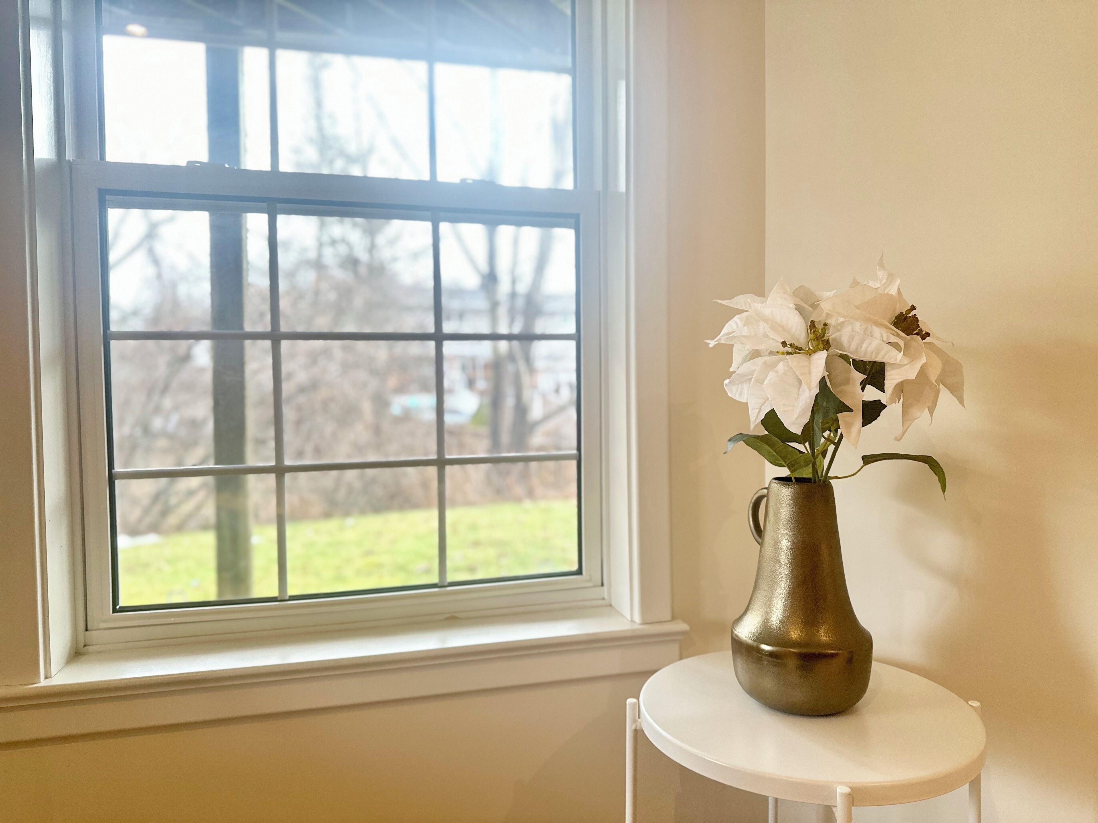 Una ventana con vista a un paisaje verde, un jarrón blanco con flores blancas sobre una mesa blanca.