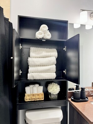 Secadora de cabello, toallas, jab ón, shampoo 