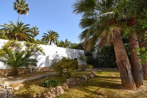 A courtyard with palm trees, a white wall, and a stone pathway. - Beautiful villa near the sea and golf course (Benissa)