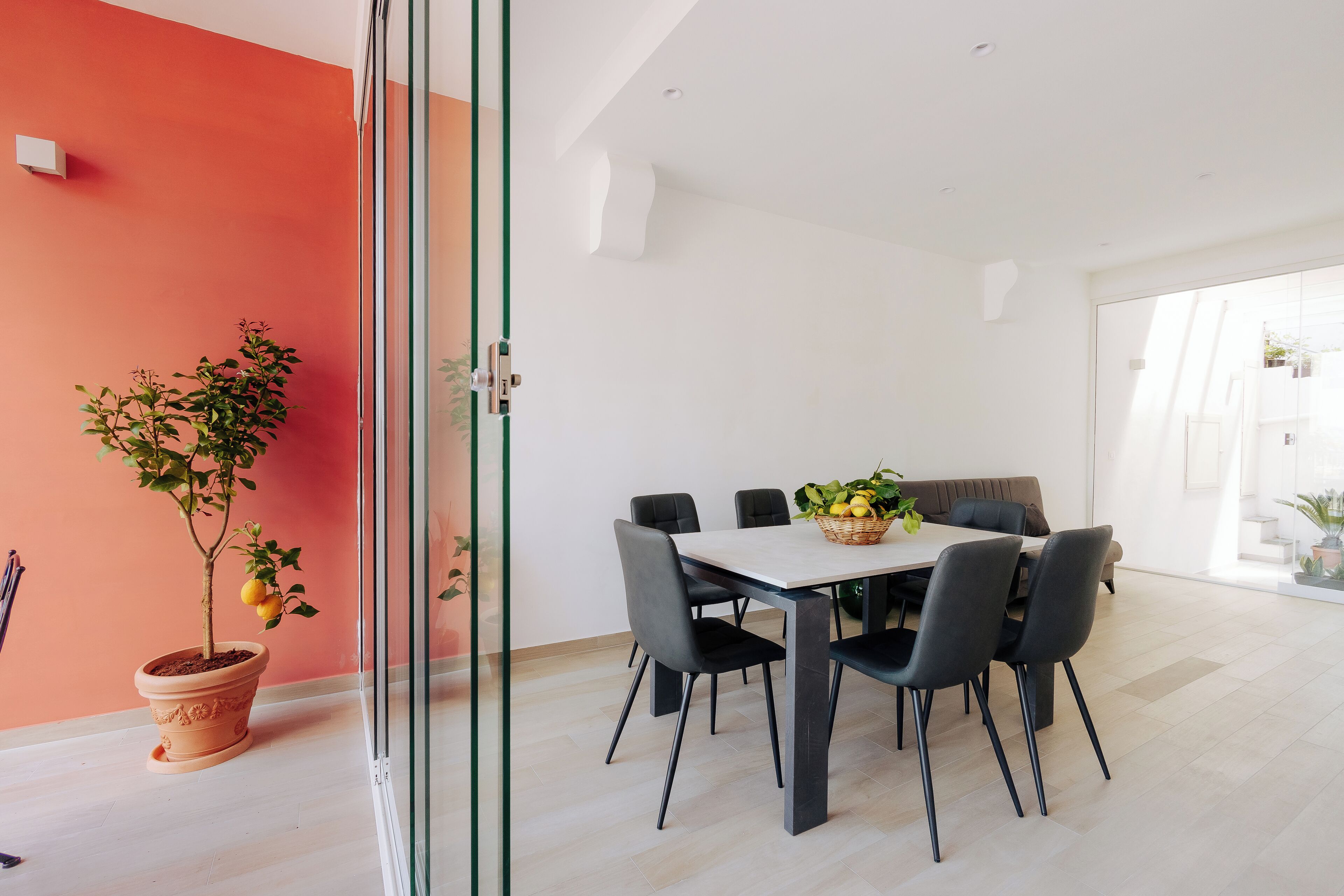 A modern dining area with a glass partition, a potted plant, and a table with chairs.