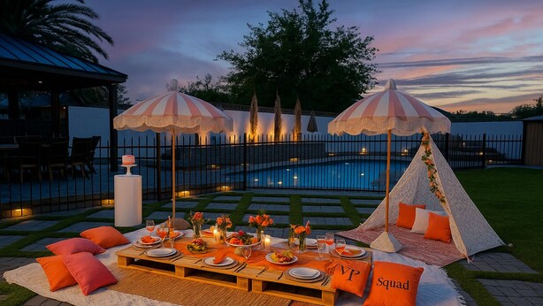An outdoor dining setup with a pool, umbrellas, and a teepee. - Beautiful and cozy family house with pool and barbecue. (Las Vegas)