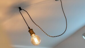 A ceiling light fixture with a single bulb and a braided cord.