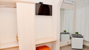 Une chambre d’hôtel dotée d’un dressing, d’un téléviseur à écran plat fixé au mur, d’une petite table avec une plante, d’un miroir et d’un mini-réfrigérateur.