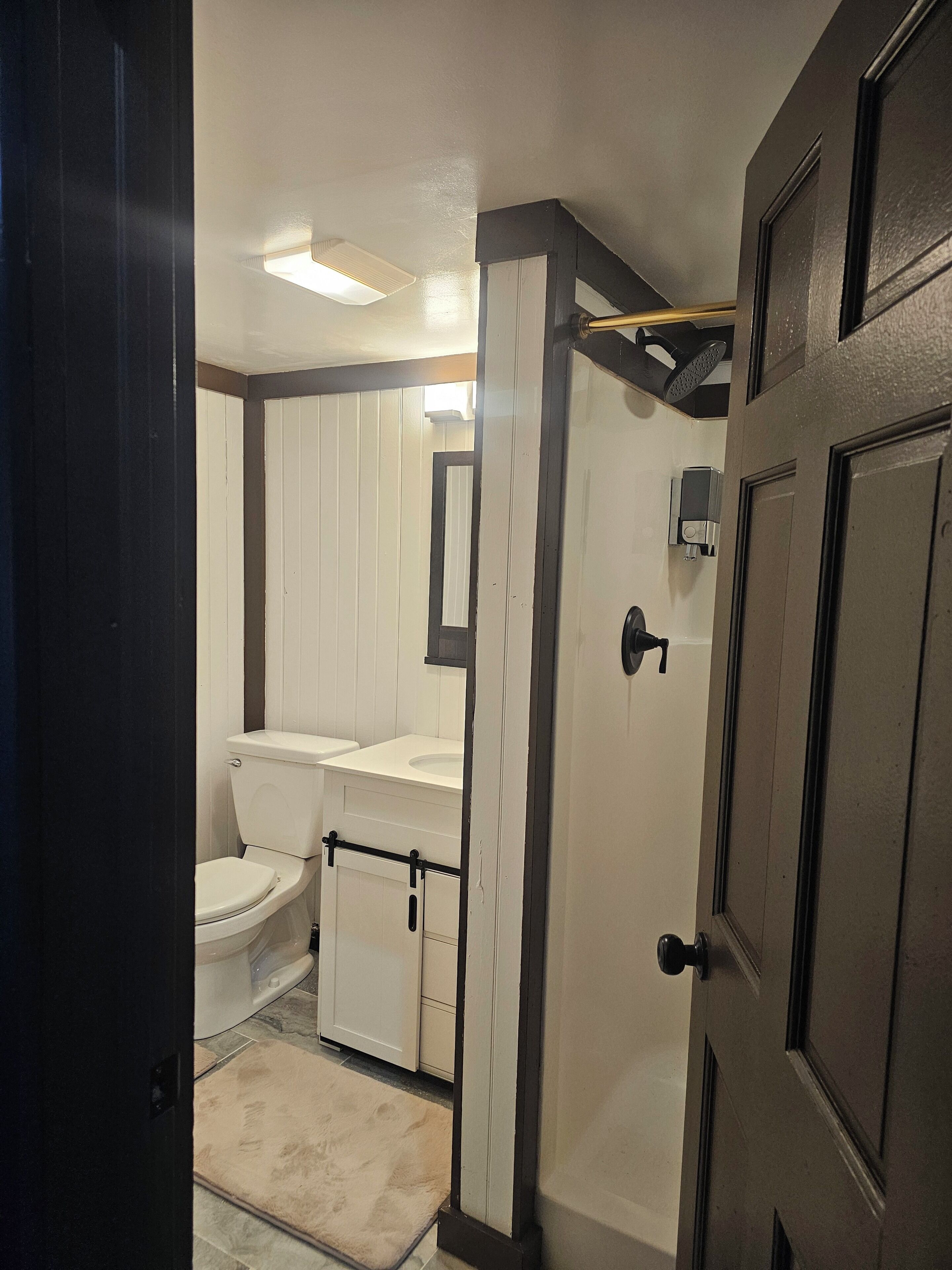 Shower, towels, soap, toilet paper