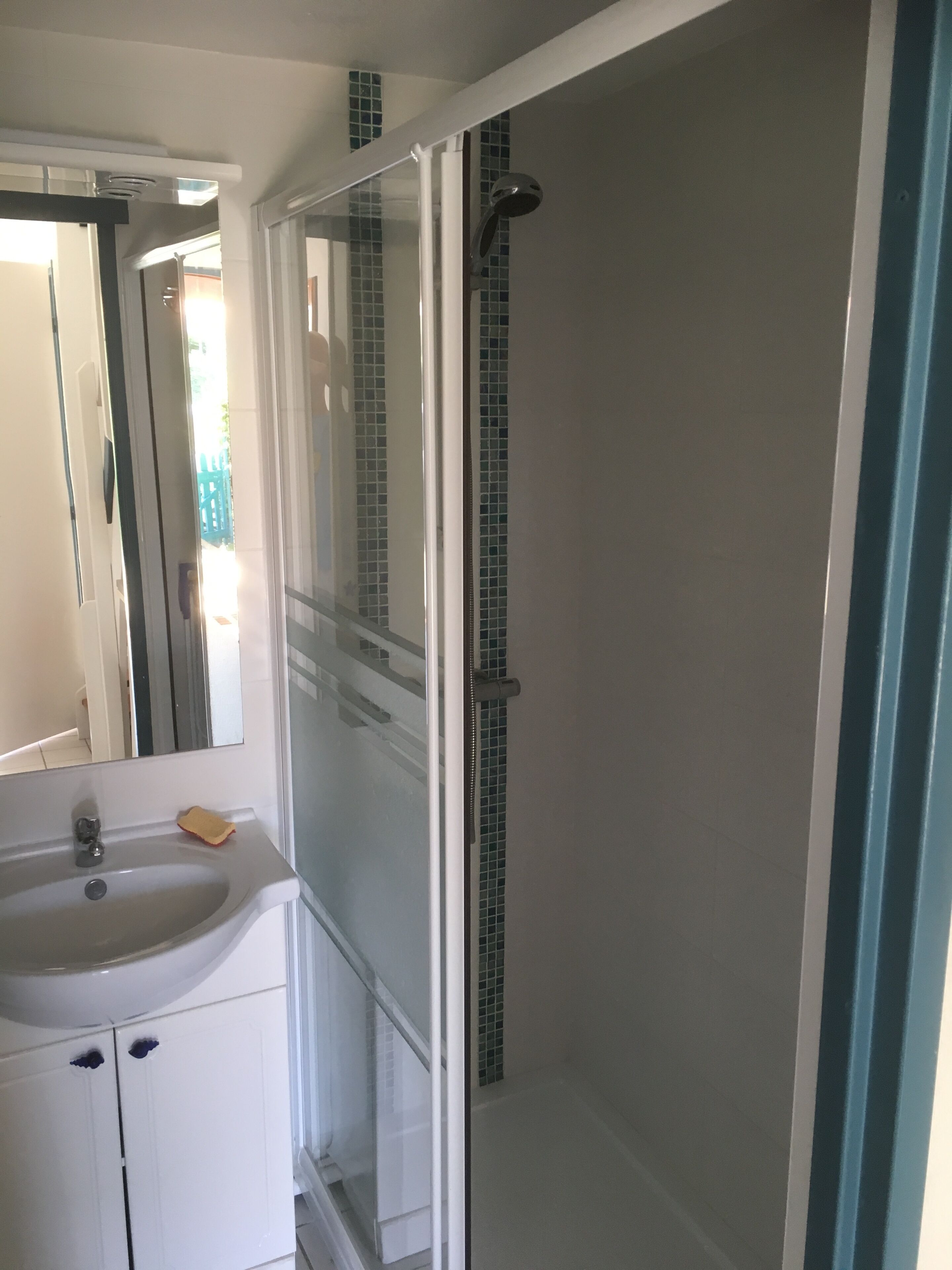 Shower, hair dryer, soap, toilet paper