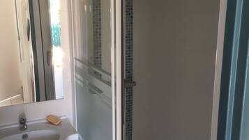 Shower, hair dryer, soap, toilet paper