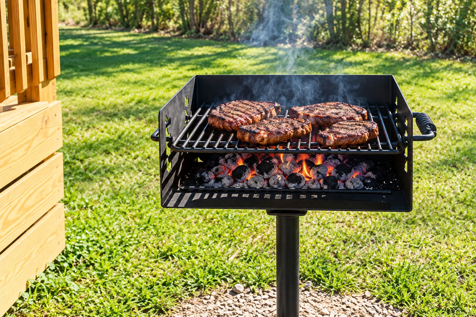 A barbecue grill with steaks cooking over charcoal, set on a grassy area.