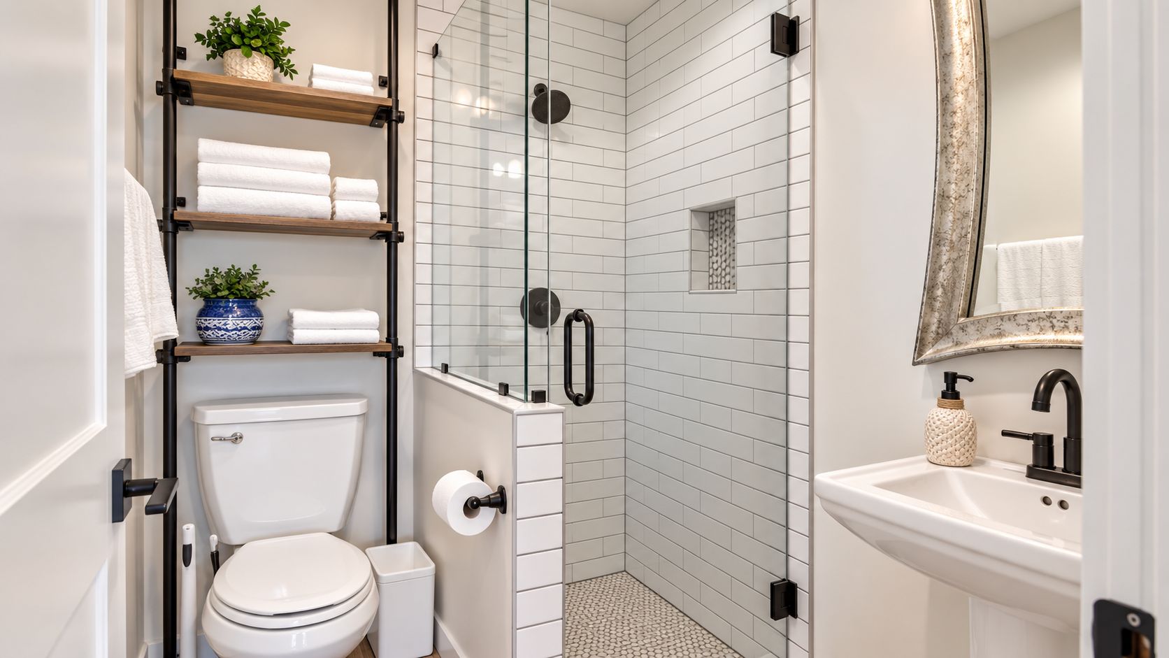 Une salle de bain moderne équipée de toilettes, d’une douche et d’un lavabo.