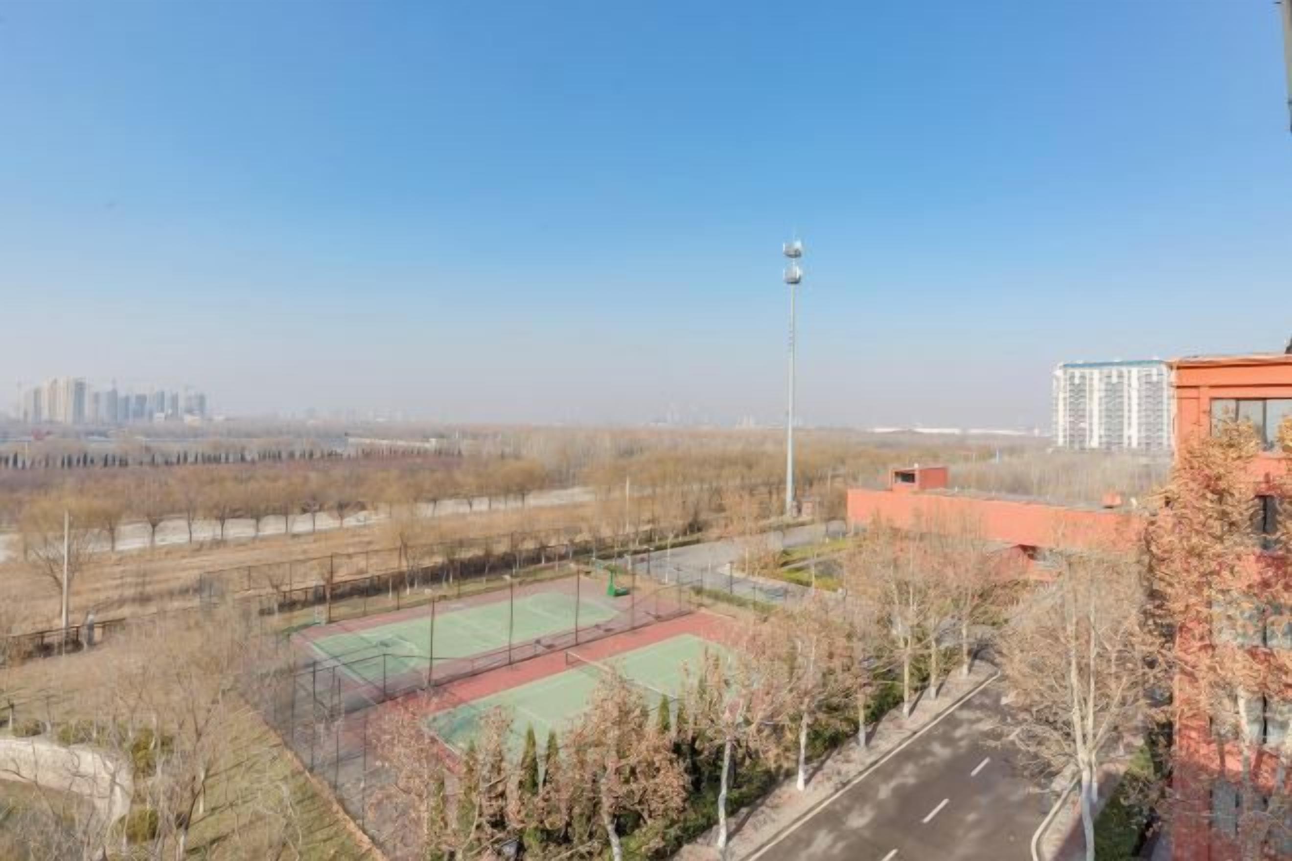Una cancha deportiva con una red, rodeada de árboles y edificios.
