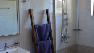 A bathroom with a glass-enclosed shower, a sink, and a wooden ladder leaning against the wall.