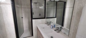 Hair dryer, towels, soap, toilet paper