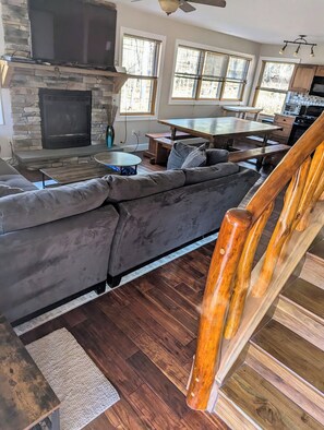 Smart TV, fireplace, DVD player, foosball