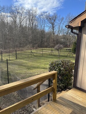 A wooden deck with a metal railing overlooking a fenced yard with trees and a clear sky.