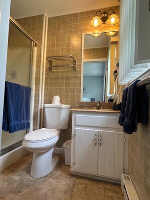 A bathroom with a toilet, shower, and vanity. - Pontiac- Dog Lovers Chalet with Fenced Yard and Fenced Deck (Sciota)