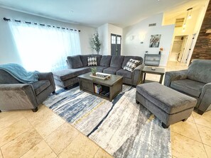 Smart TV, fireplace, books