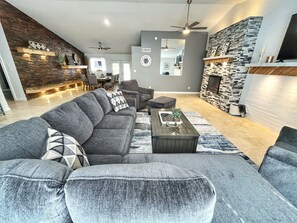 Smart TV, fireplace, books