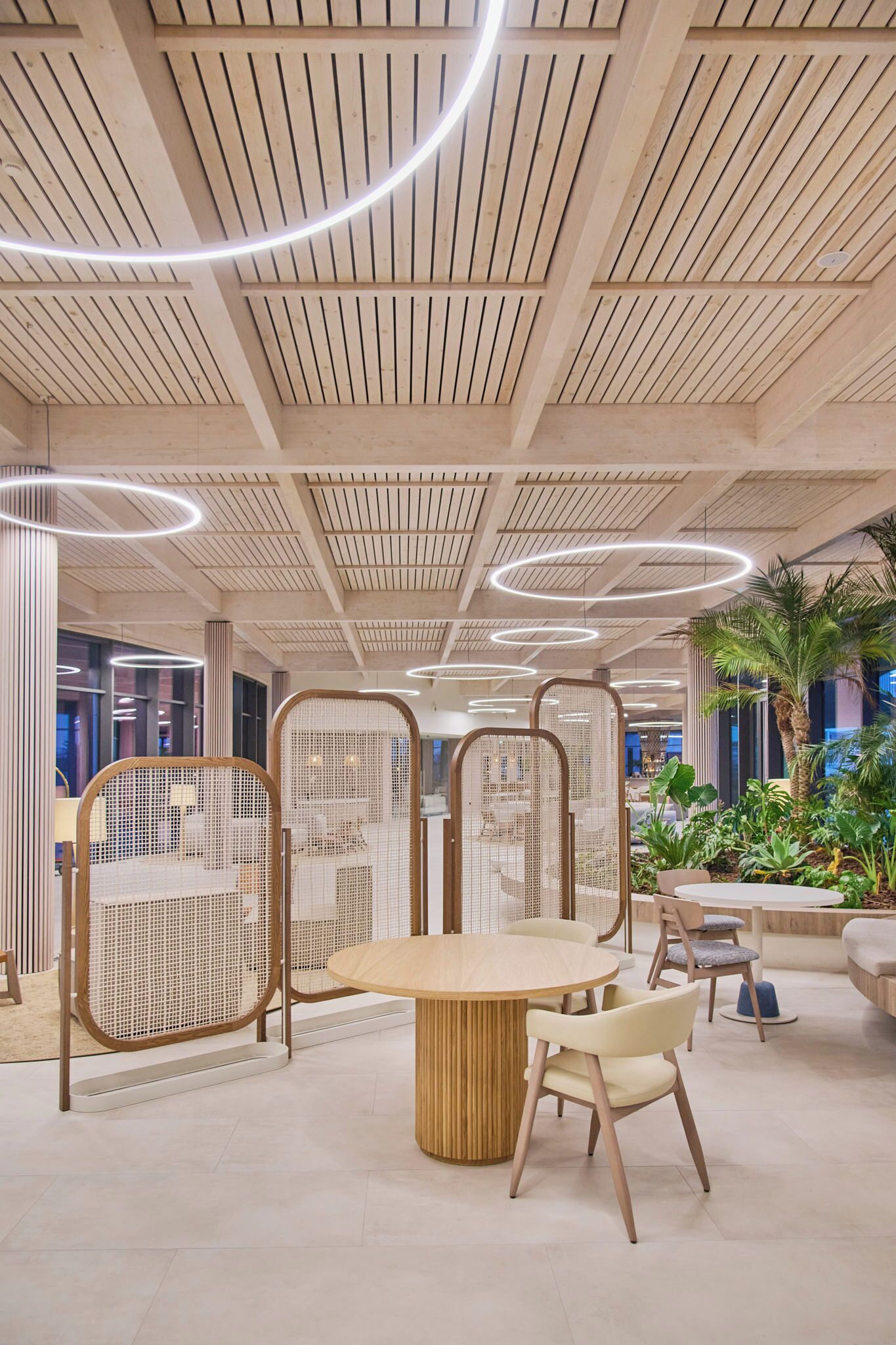 Un interior moderno con una mesa redonda de madera y sillas, un techo con listones de madera y luces circulares, y vista a una palmera fuera.