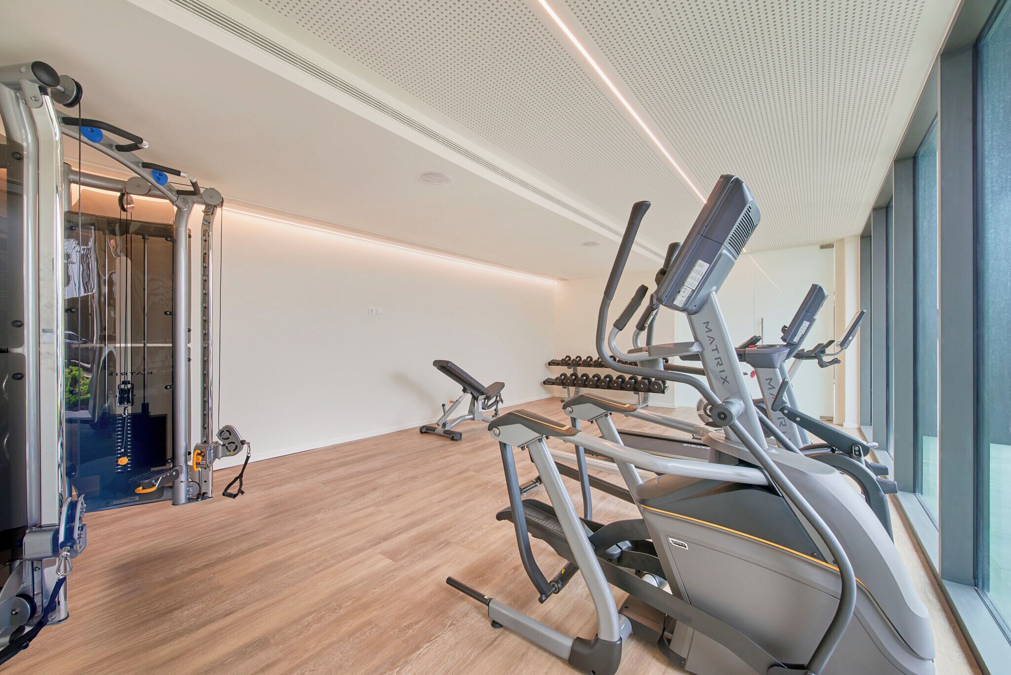 A modern gym with cardio machines, weightlifting equipment, and a wooden floor.