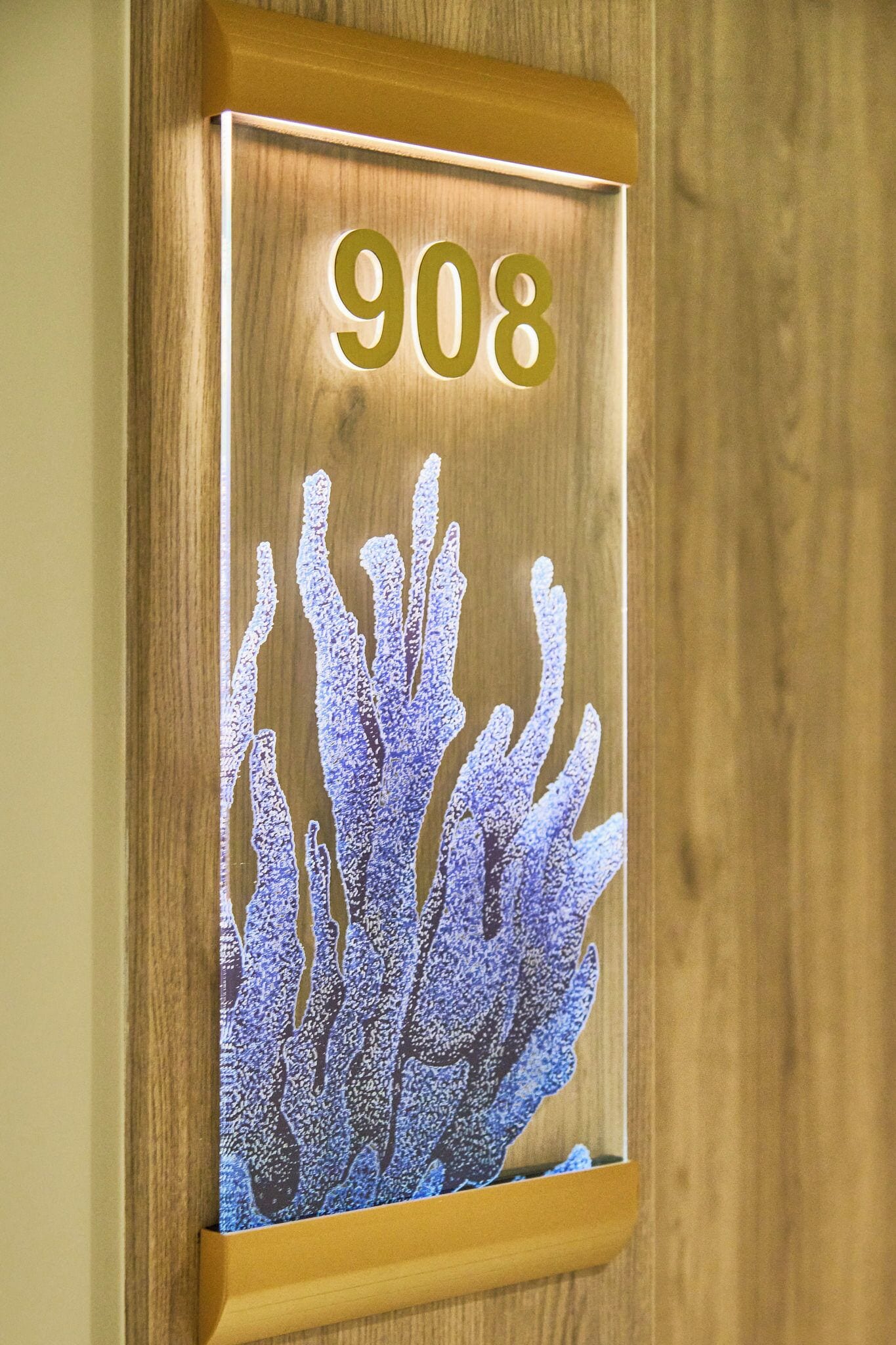 Une porte en bois ornée d’une plaque portant le numéro « 908 » et d’un motif évoquant des coraux.