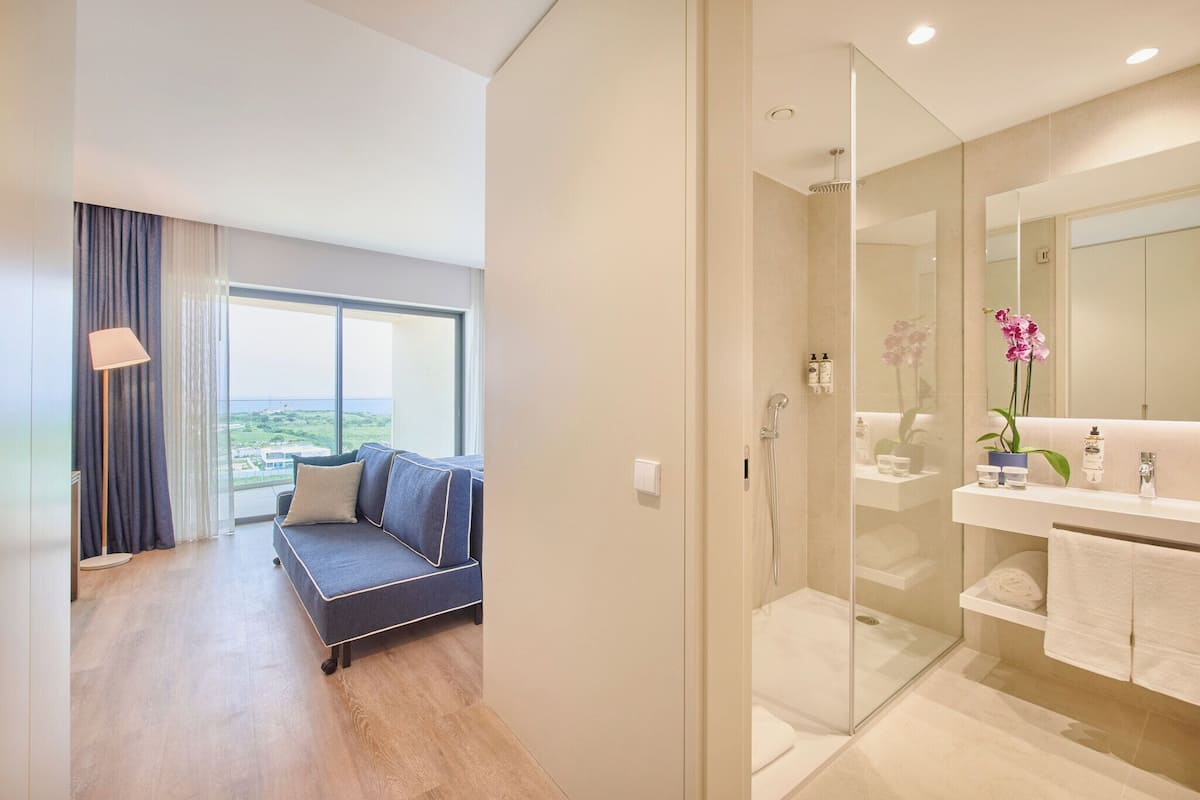 Ein modernes Hotelzimmer mit einer Sitzecke, einer begehbaren Duschkabine, einem Badezimmer mit großem Spiegel und Blick auf die Landschaft.