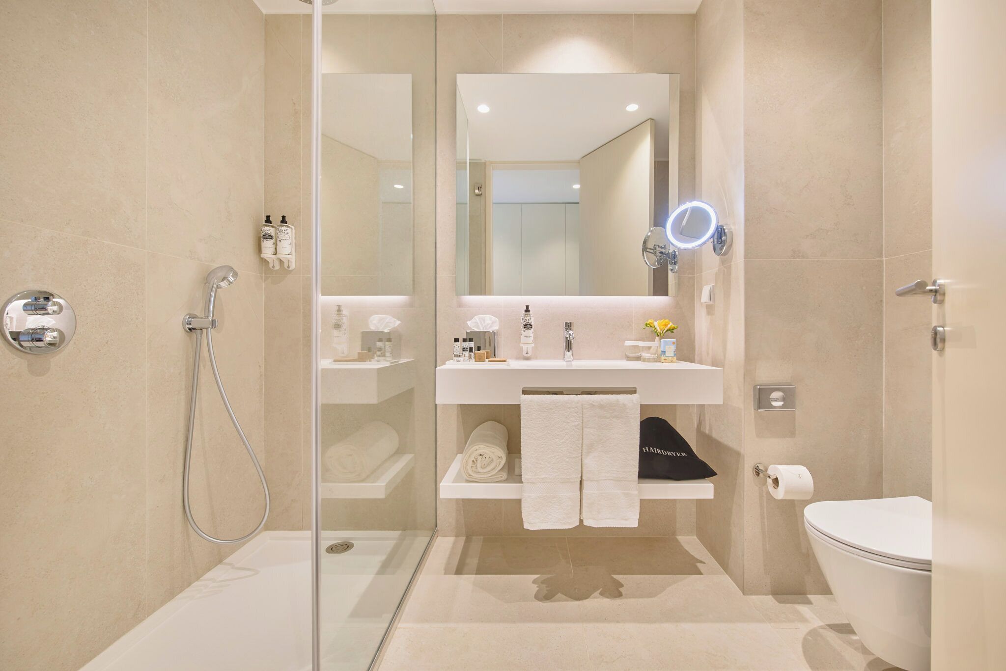 Une salle de bain moderne avec une douche à parois de verre, un lavabo blanc avec un miroir et des toilettes.