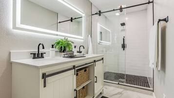 Shower, towels, soap, shampoo