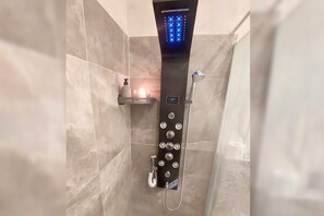 Shower, hair dryer, bidet, towels